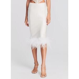 NEW Retrofete Paula White Satin Ivory Genuine Ostrich Feather Trim Midi Skirt